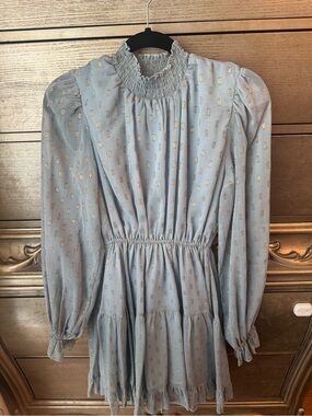 Aqua Light Blue Mini Dress with Gold Metallic Dots